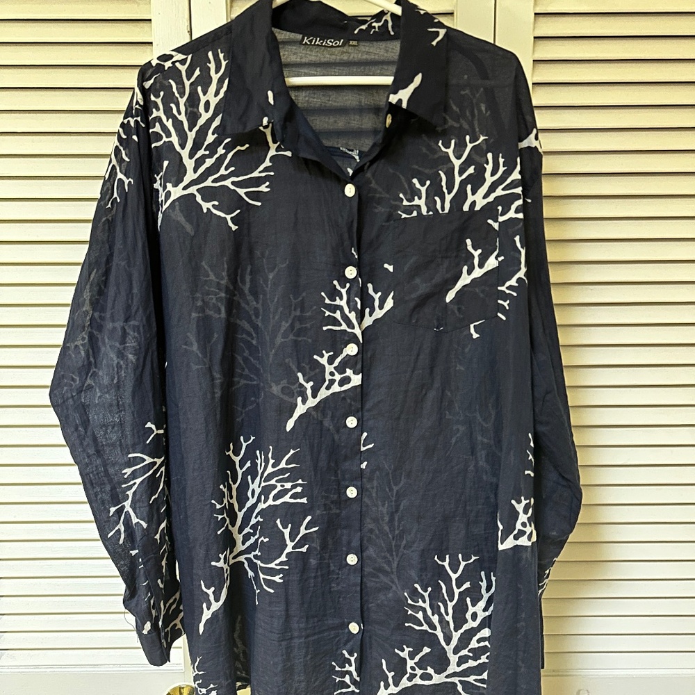 Kiki Sol Cotton Button Up Blouse Lightweight Navy Blue White Coral Print XXL